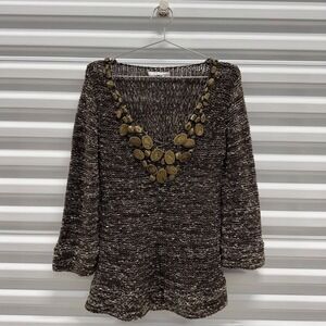 VERTIGO PARIS Embellished V Neck Knit Sweater Top Brown Multi Color Women's M